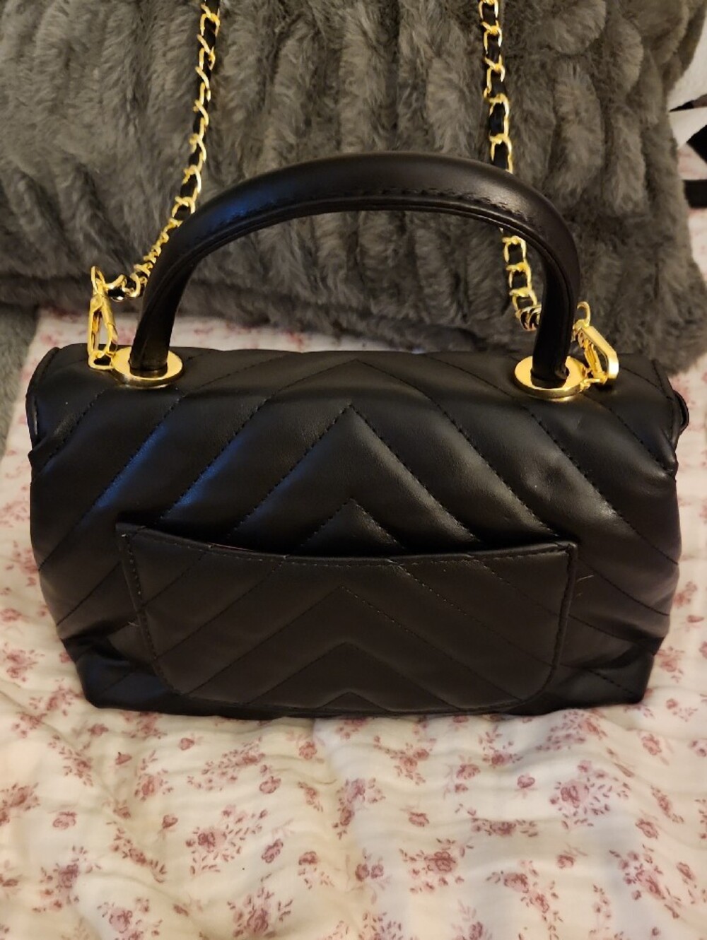 Black Quilted Top-Handle Shoulder Bag with Gold Chain Strap - Picture 2 of 7